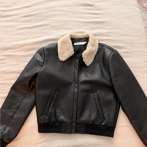 Astr Black Leather Jacket with Cream Collar